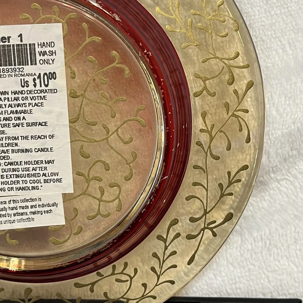 Vtg Pier 1 Rioja Red & Gold Scroll Plate Candle Dish 6